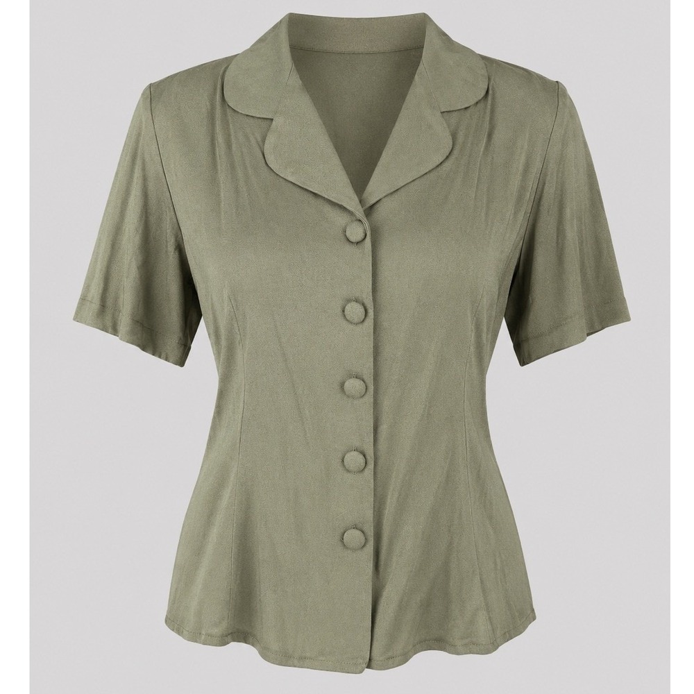 Vintage‎ Y2K Sag Harbor Sage Green Short Sleeve Button Up Tie Back Blouse Sm